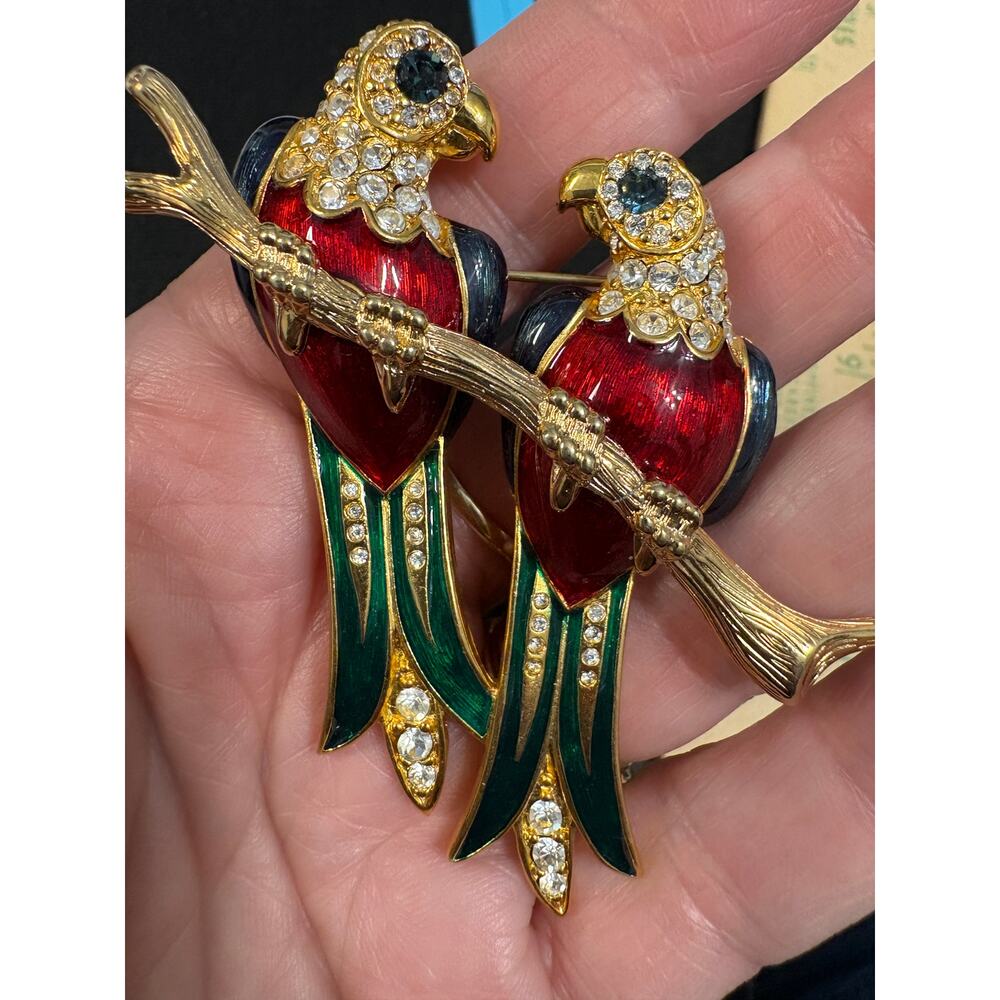 Vintage Lady Remington Style Double Parrot Brooch Enamel Pin